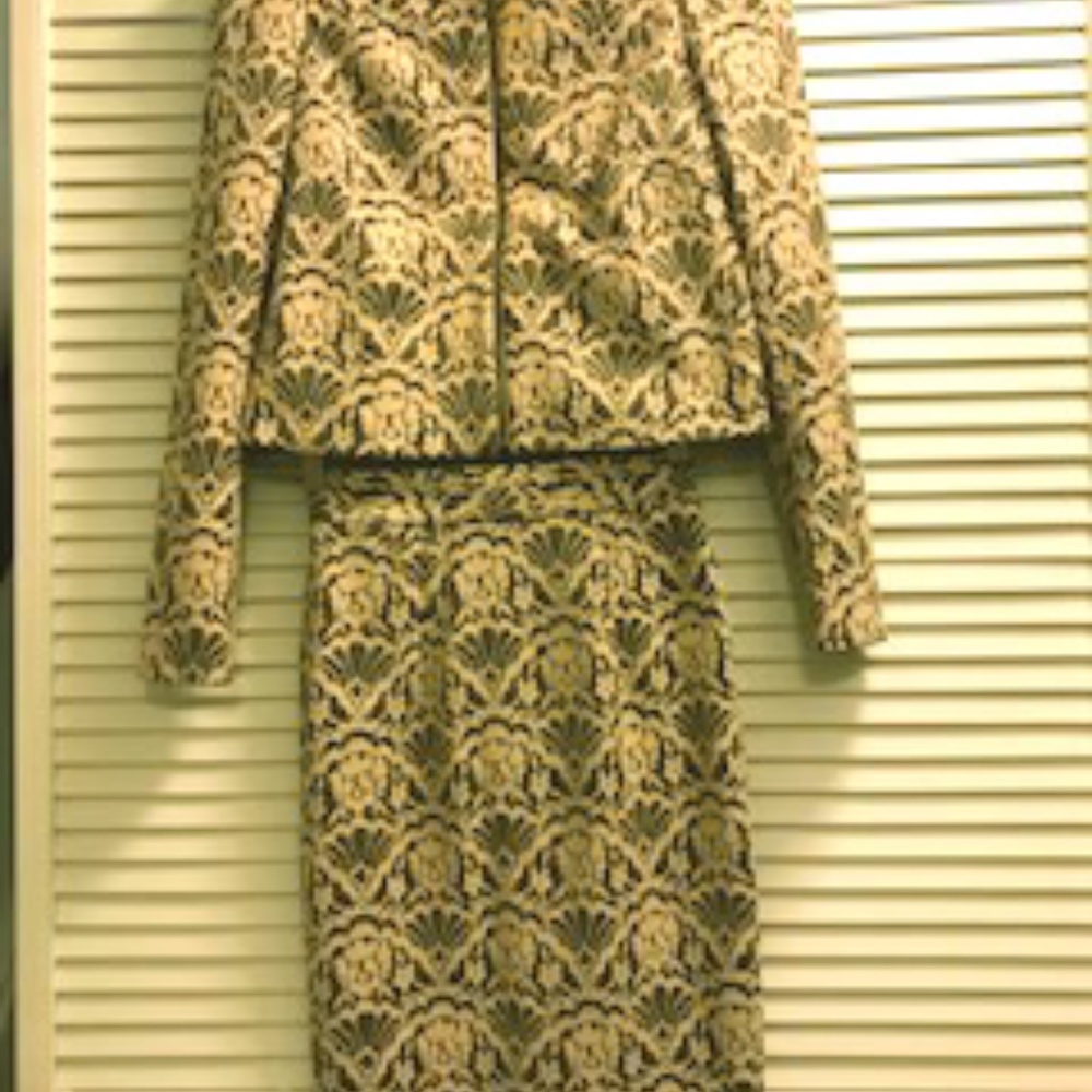 Beautiful camel lace on black designer suit OOP
